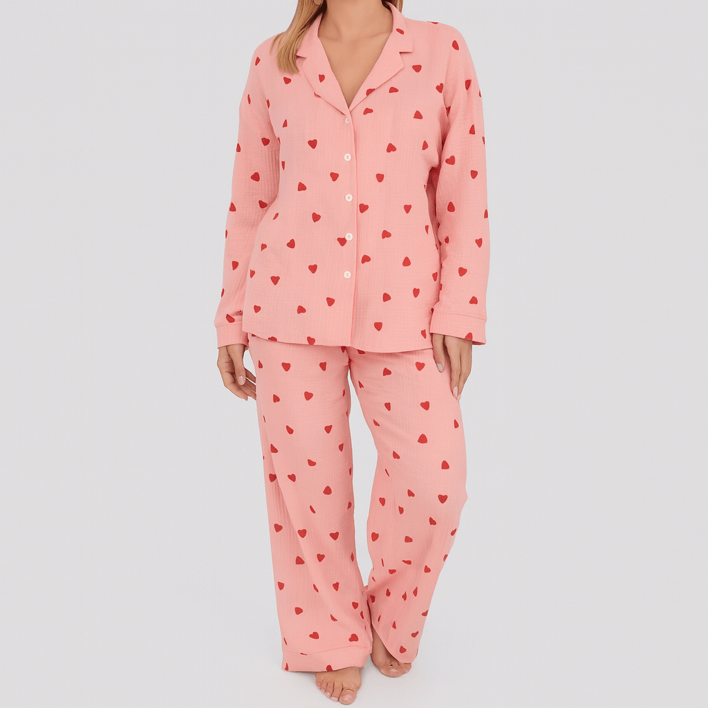 Dwuczęściowy komplet piżamy z sercami, elastyczny pas, luźny krój