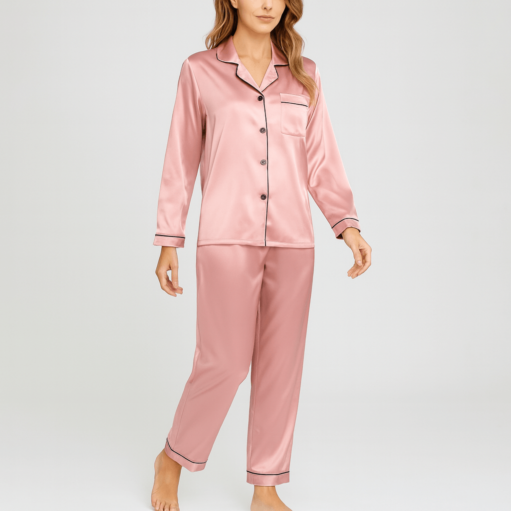 Satynowy zestaw piżam z bluzką i długimi spodniami