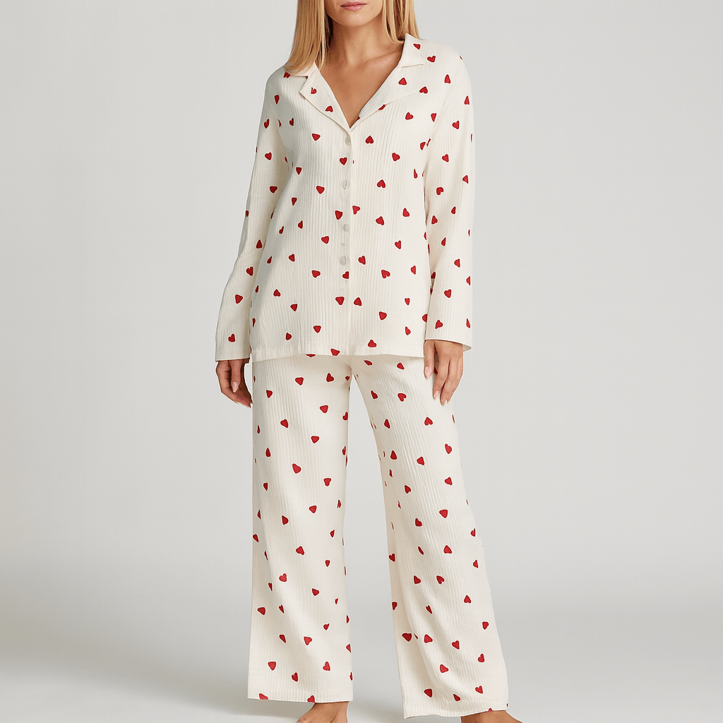 Dwuczęściowy komplet piżamy z sercami, elastyczny pas, luźny krój
