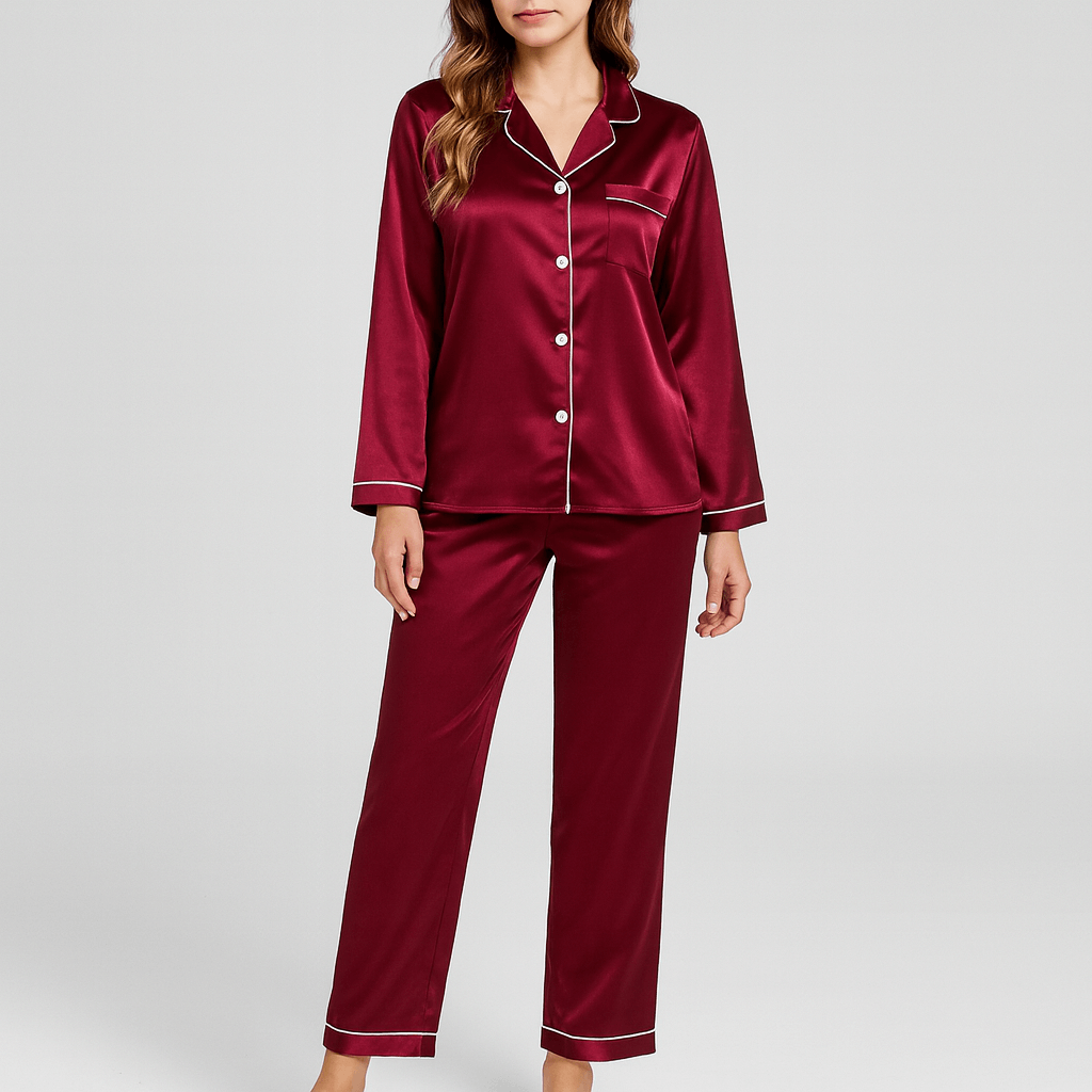 Satynowy zestaw piżam z bluzką i długimi spodniami