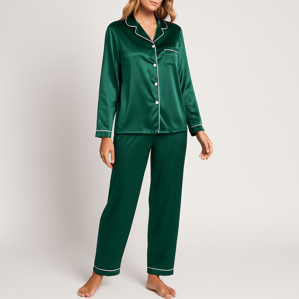 Satynowy zestaw piżam z bluzką i długimi spodniami