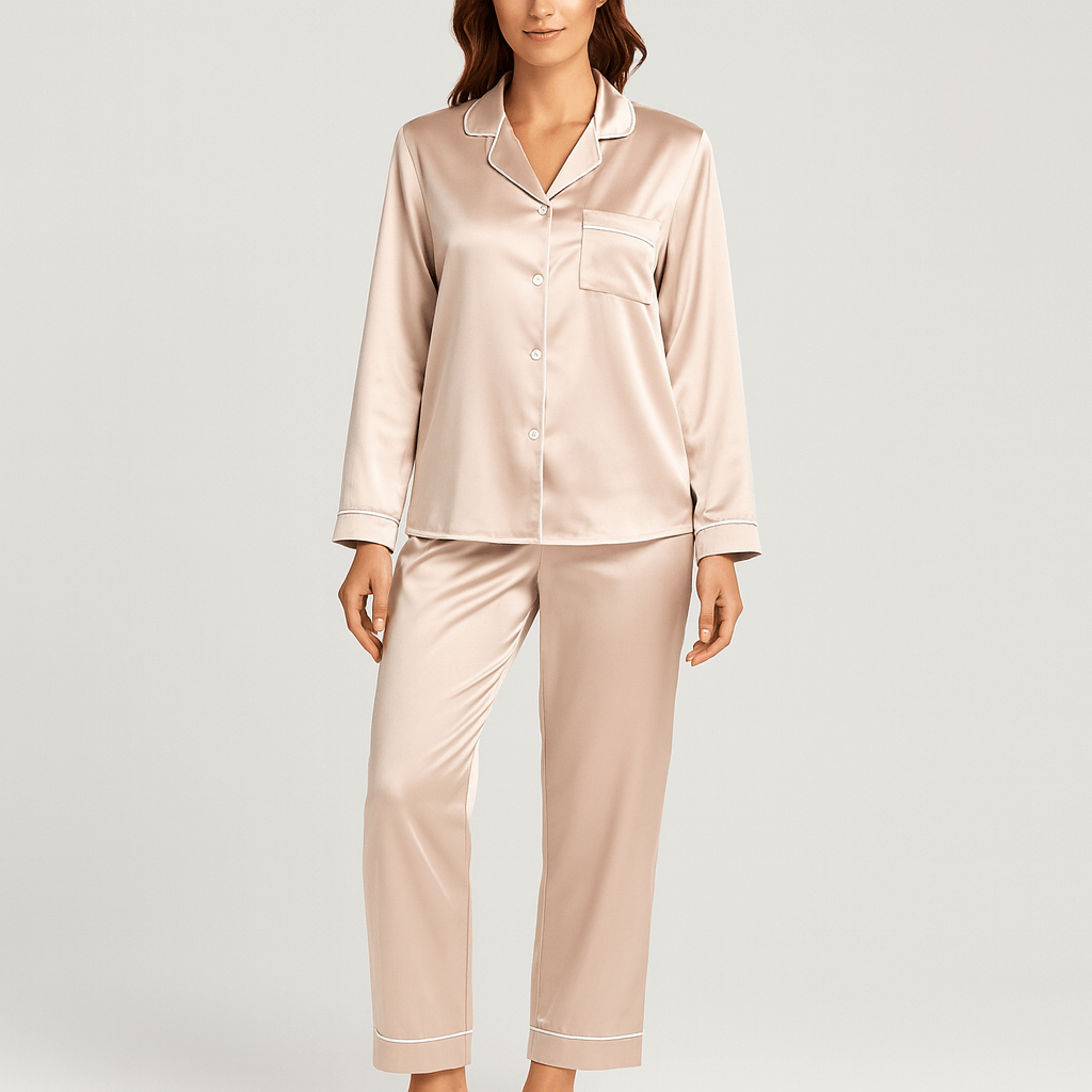 Satynowy zestaw piżam z bluzką i długimi spodniami