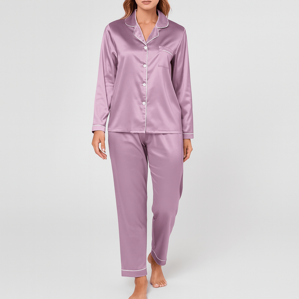 Satynowy zestaw piżam z bluzką i długimi spodniami